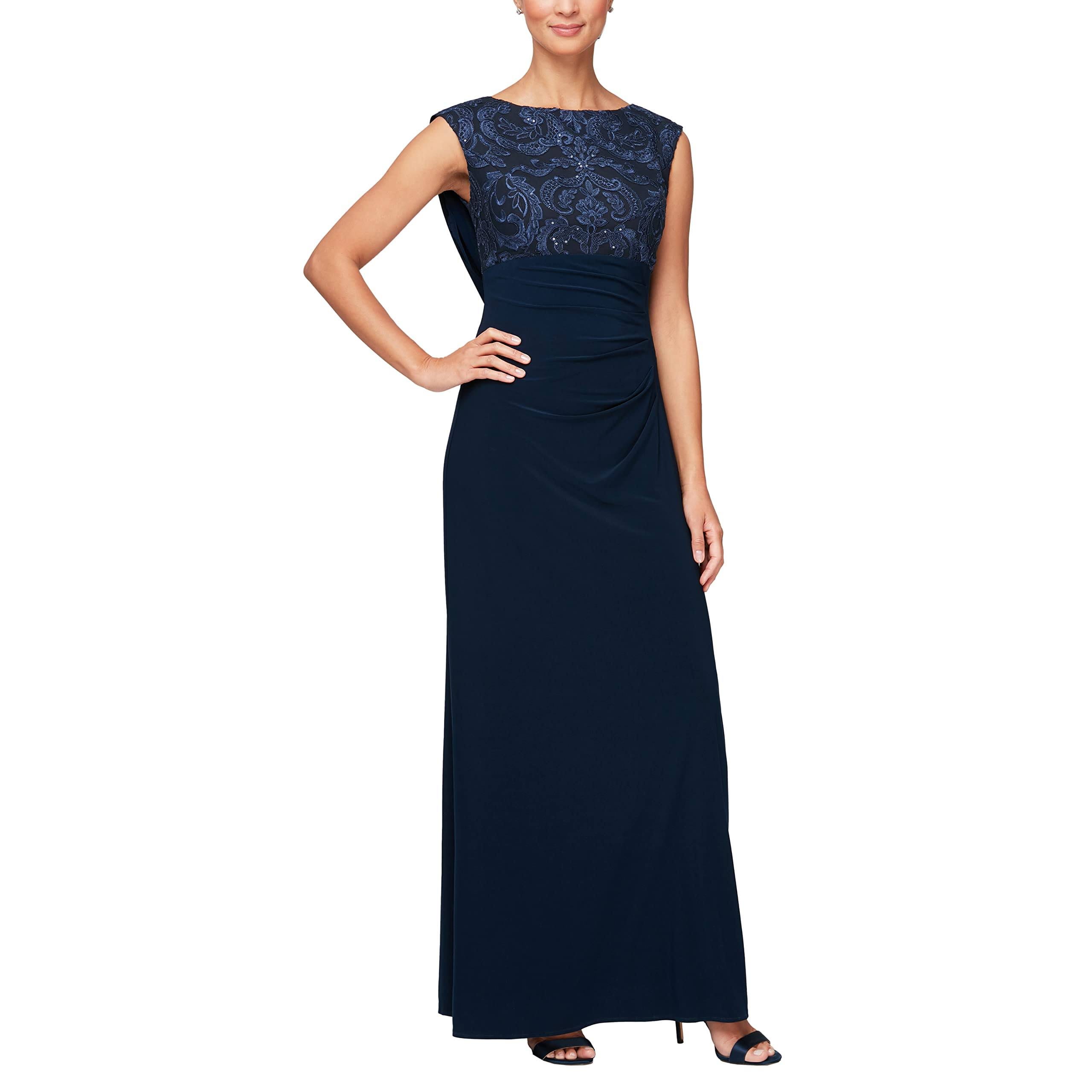 Elegant Petite Formal Dress with Cowl Back and Embroidered Sequin Lace Detail | Image