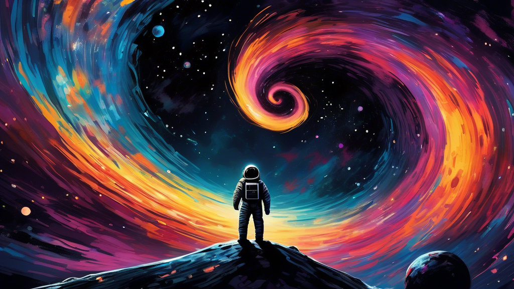 ## DALL-E Prompt:

A lone astronaut, tethered to their spacecraft, gazes in awe at a colossal, swirling black hole against a backdrop of distant galaxies.