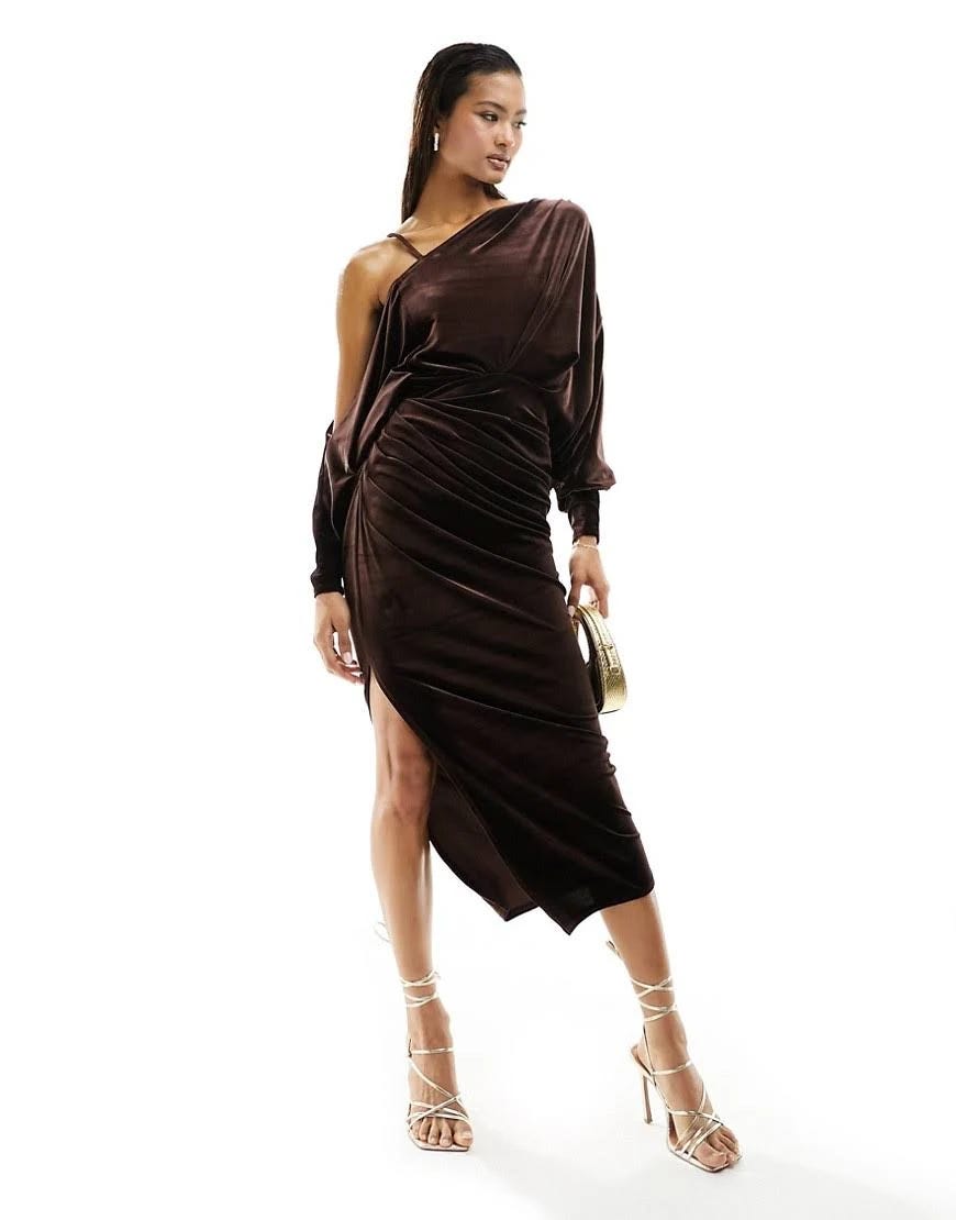 Elegant Brown Velvet Off-Shoulder Midi Dress | Image