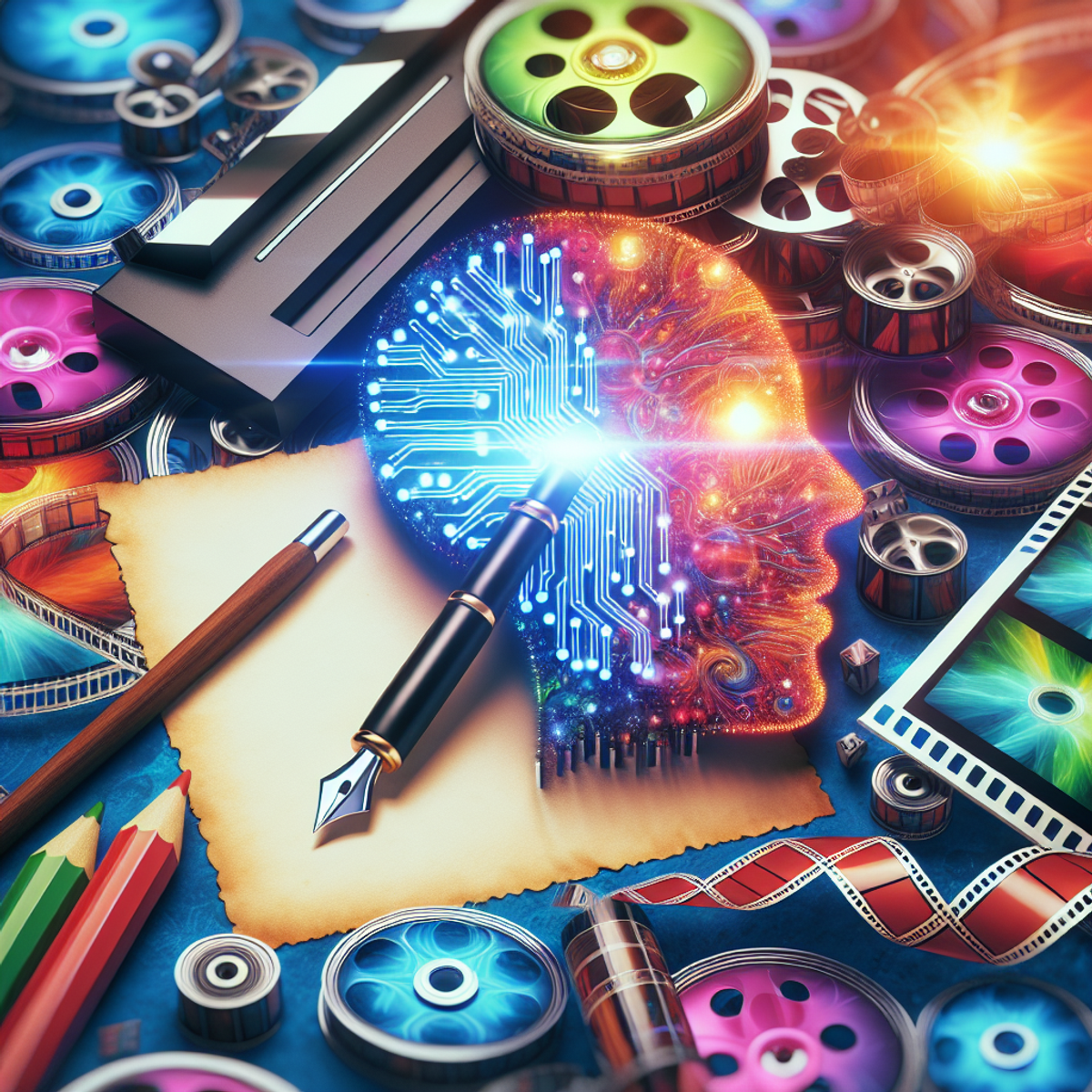 A collage of film reels, a writing pen, and a stylized symbol of an AI neural network arranged in a seamless integration of creativity and technology.