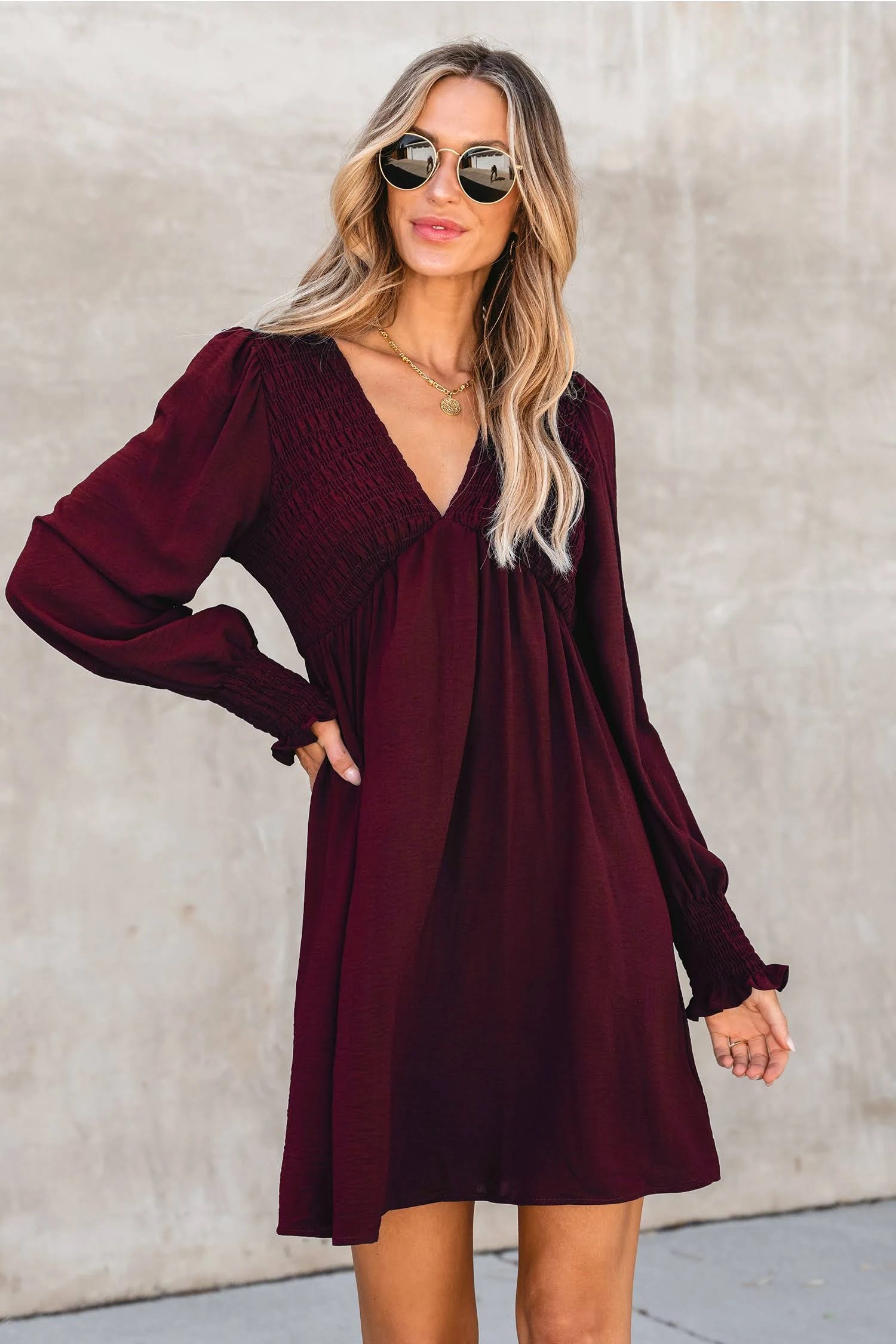 Burgundy V-Neck Mini Dress with Empire Waist and Long Sleeves | Image