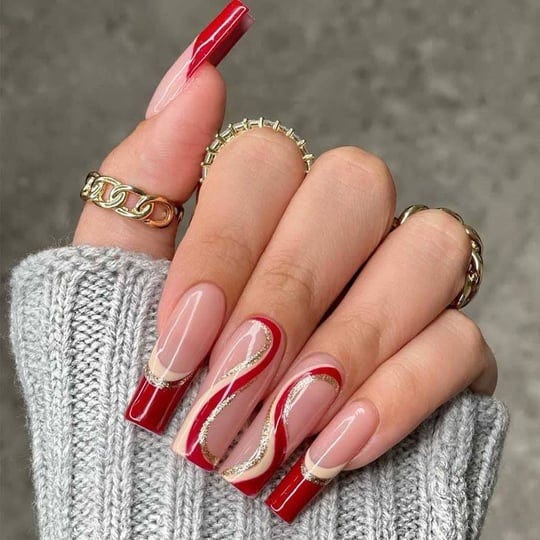 foccna-luxury-coffin-red-press-on-nails-french-long-fake-nails-acrylic-glossy-swirls-bling-false-nai-1