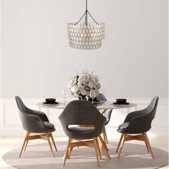 creative-co-op-honeycomb-two-tier-chandelier-light-capiz-white-seashells-with-black-metal-pendant-1