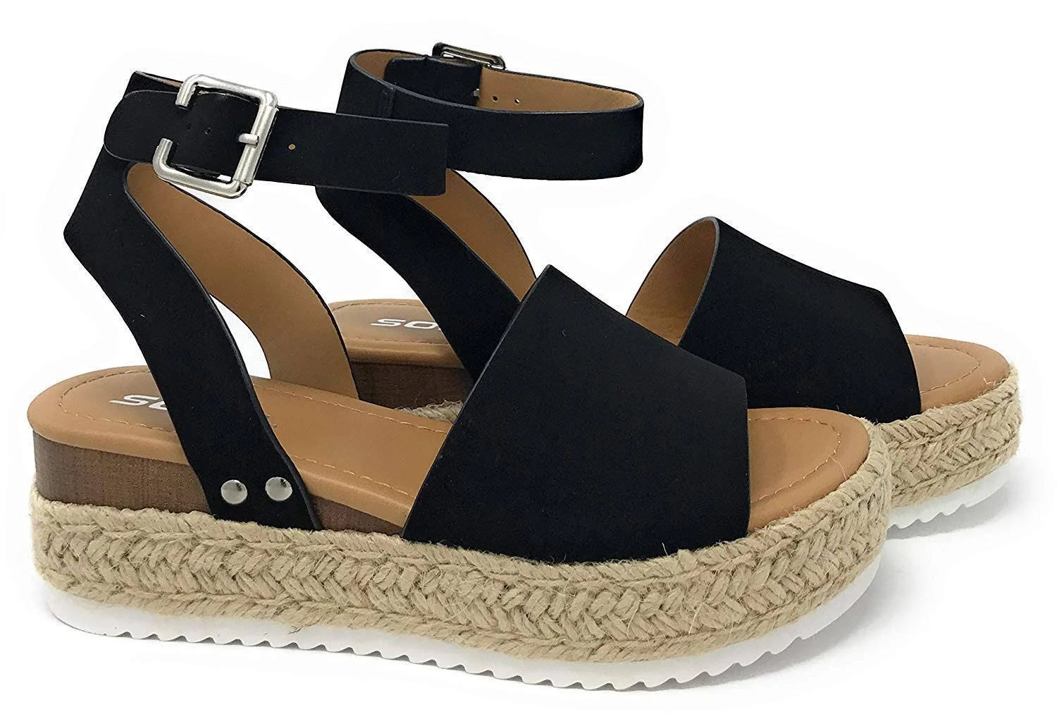 Sleek Black Espadrilles with Ankle Strap and Studded Wedge | Image