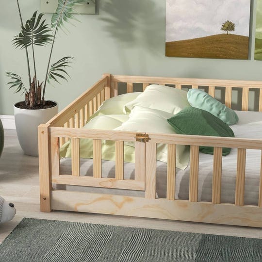 full-size-floor-platform-bed-with-fence-and-door-natural-1