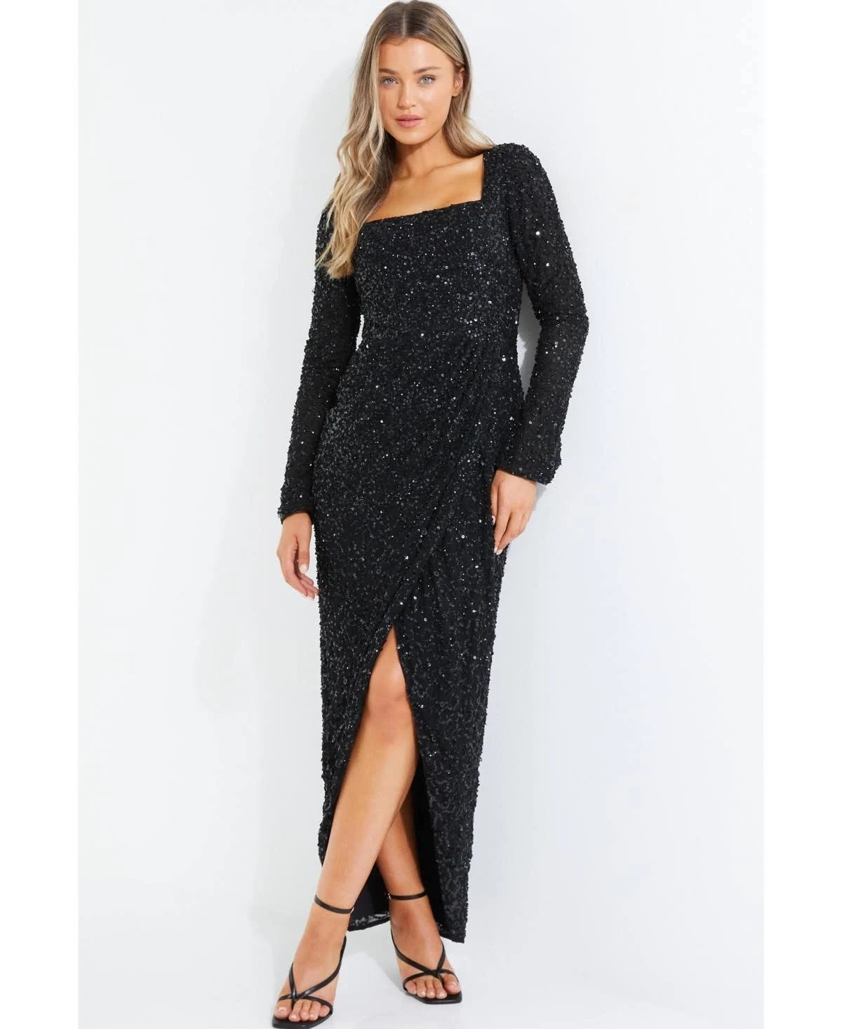 Luxurious Long Sleeve Sequin Maxi Dress in Black with Chiffon Fabric | Image