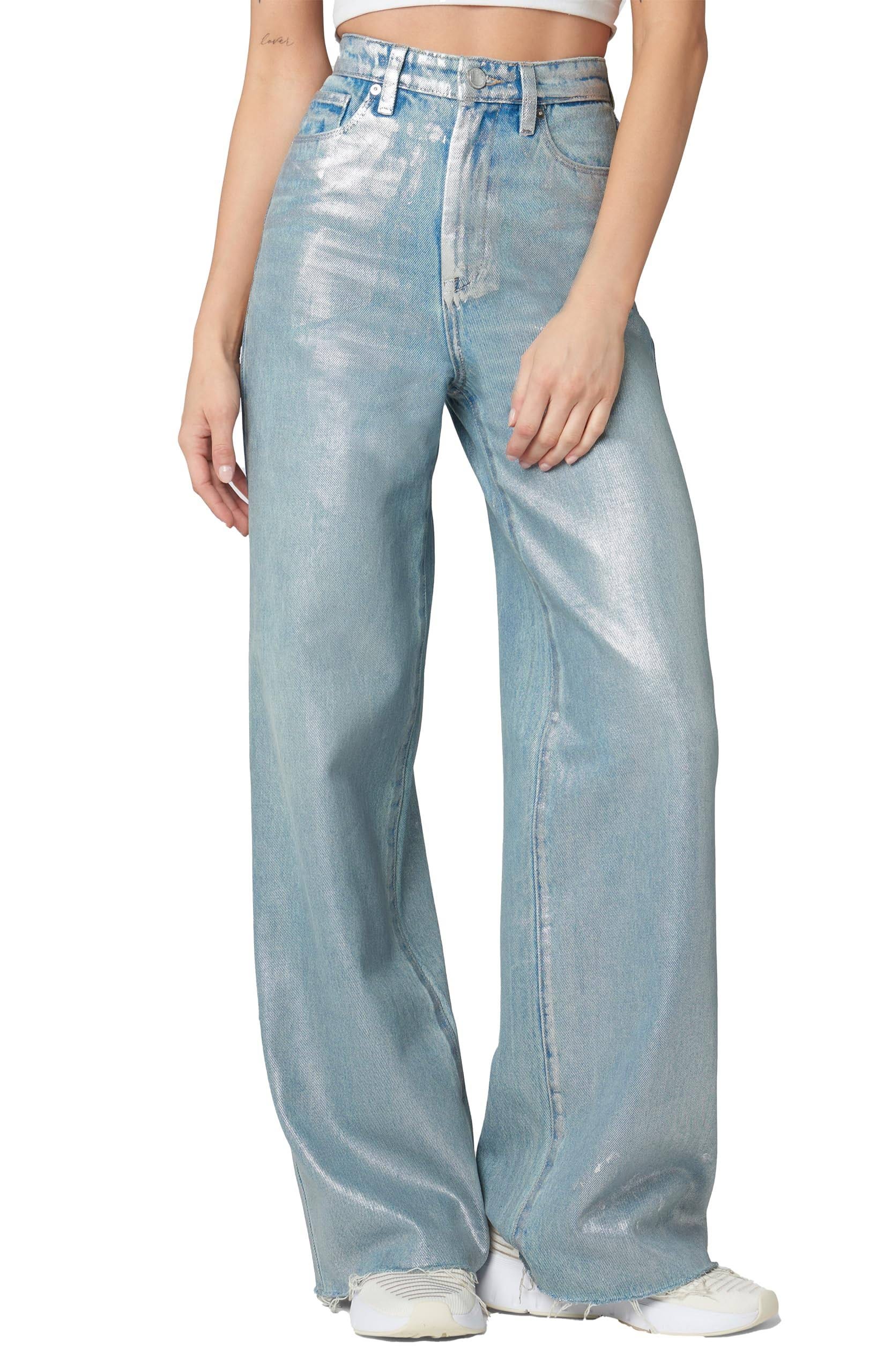 High-Waist Metallic Coated Silver Star Denim Jeans | Image