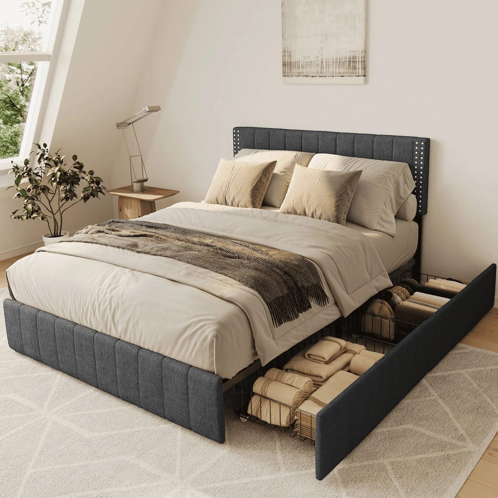 Upholstered Full Bed with 4 Storage Drawers | Image