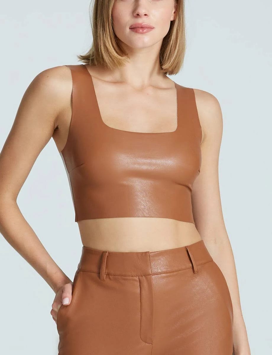 Fashionable Brown Faux Leather Crop Top | Image