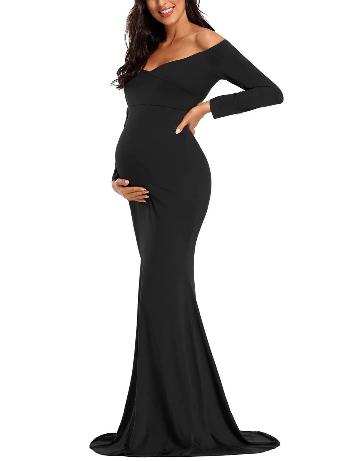 Comfy, Stylish Maternity Off-Shoulder Maxi Fit Dress | Image