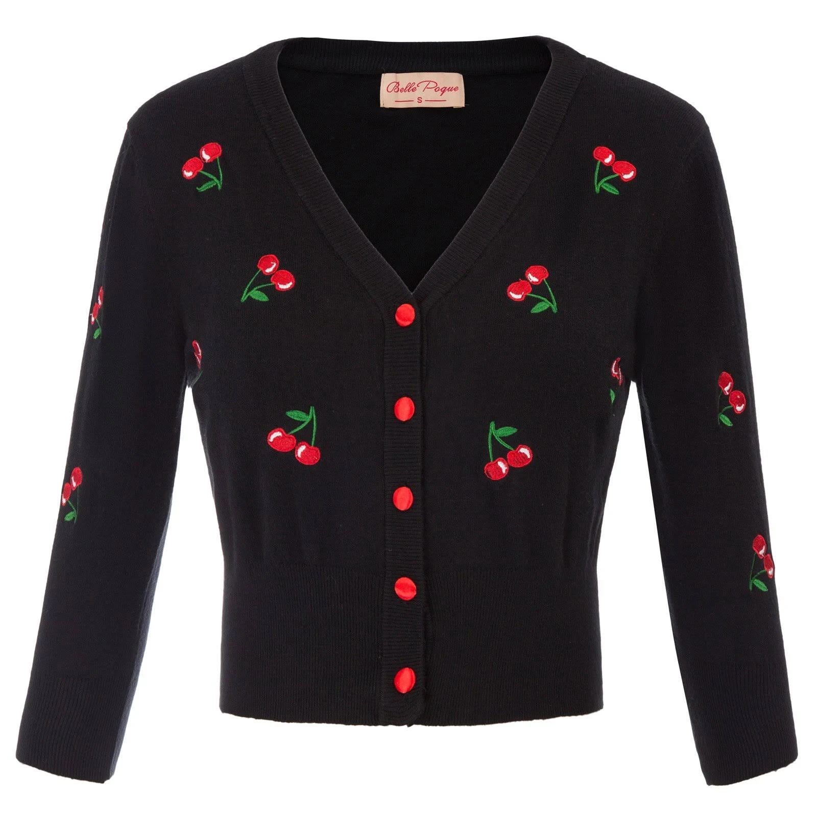 Vintage-Inspired Cardigan Coat with Cherries Embroidery | Image