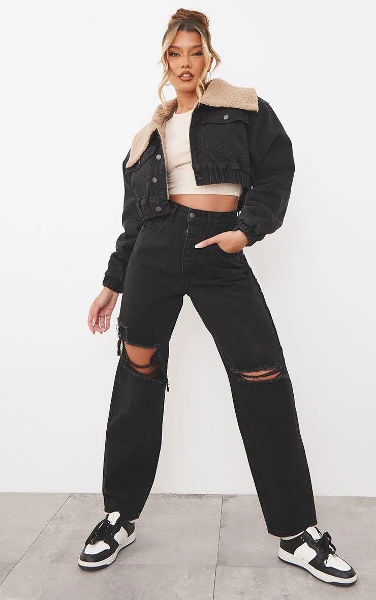 Trendy Worn-In Black Knee Rip Boyfriend Jeans | Image