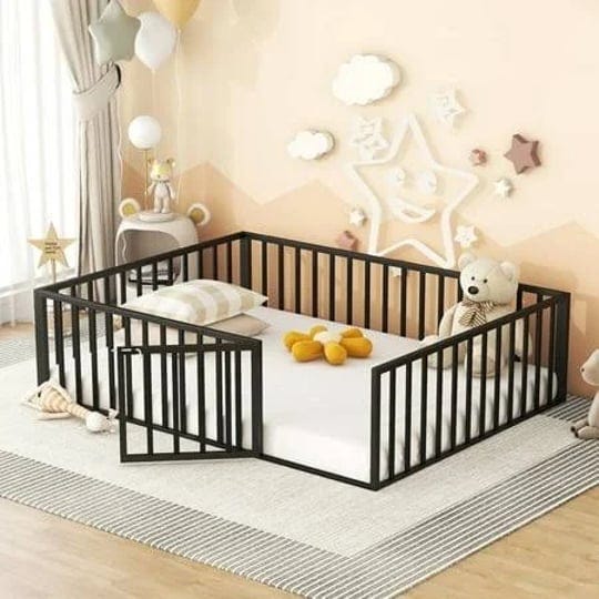 gewnee-queen-size-toddler-bed-metal-floor-bed-frame-with-fence-and-doorblack-1