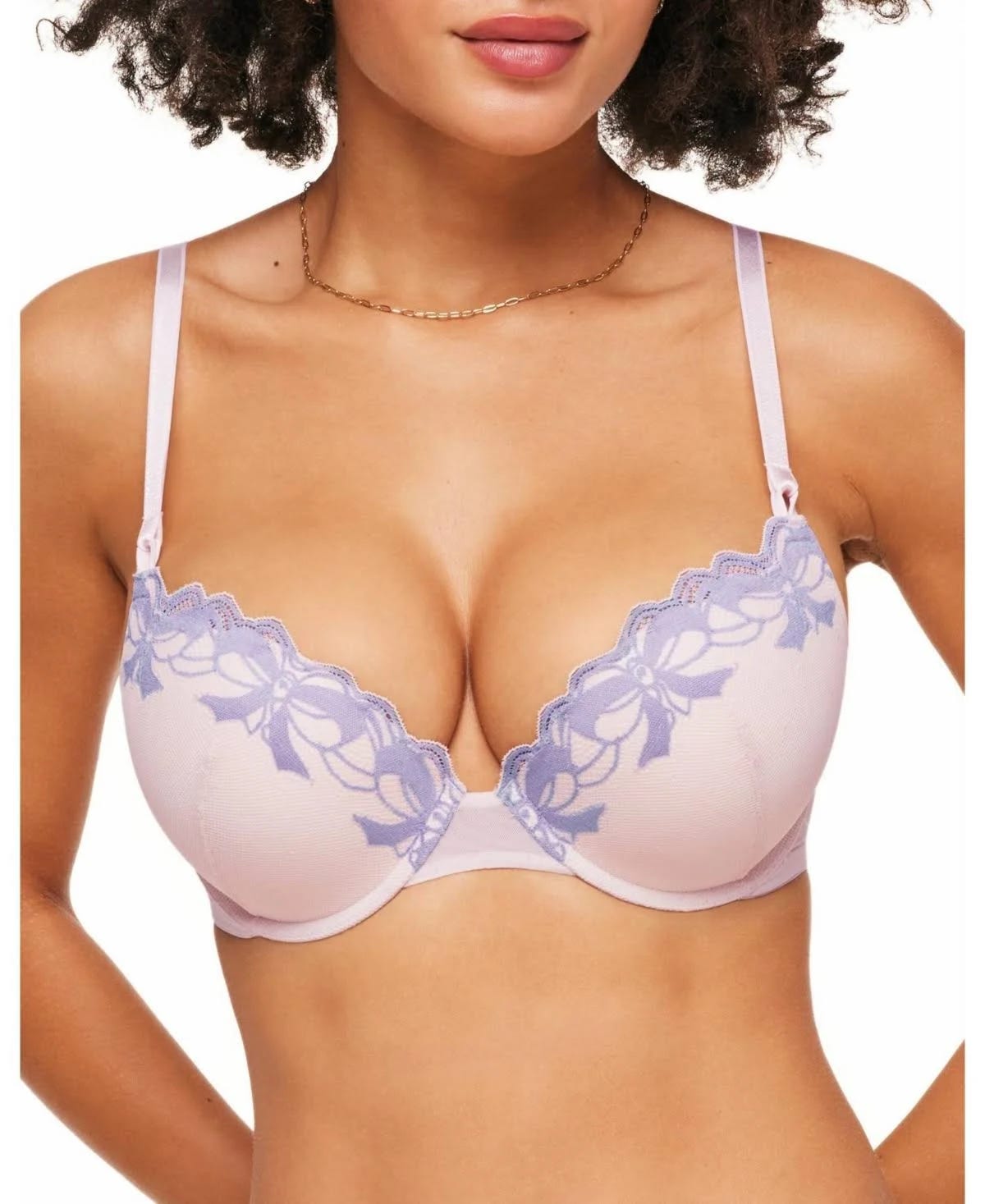 Stylish Pink Push-Up Plunge Bra with Lace Overlay | Image