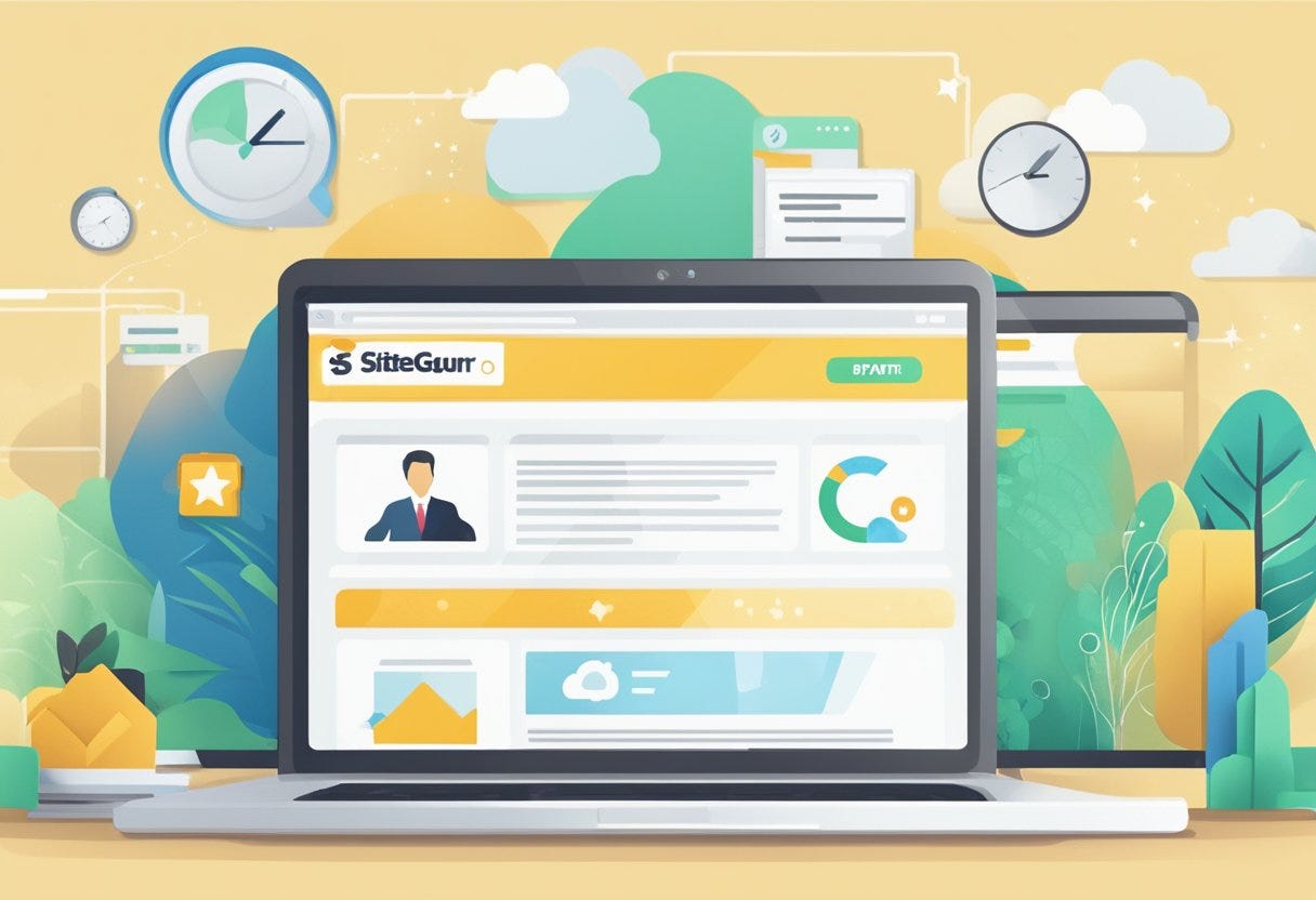 The website's homepage features a laptop with the SiteGuru logo on the screen, surrounded by positive customer reviews and a 5-star rating