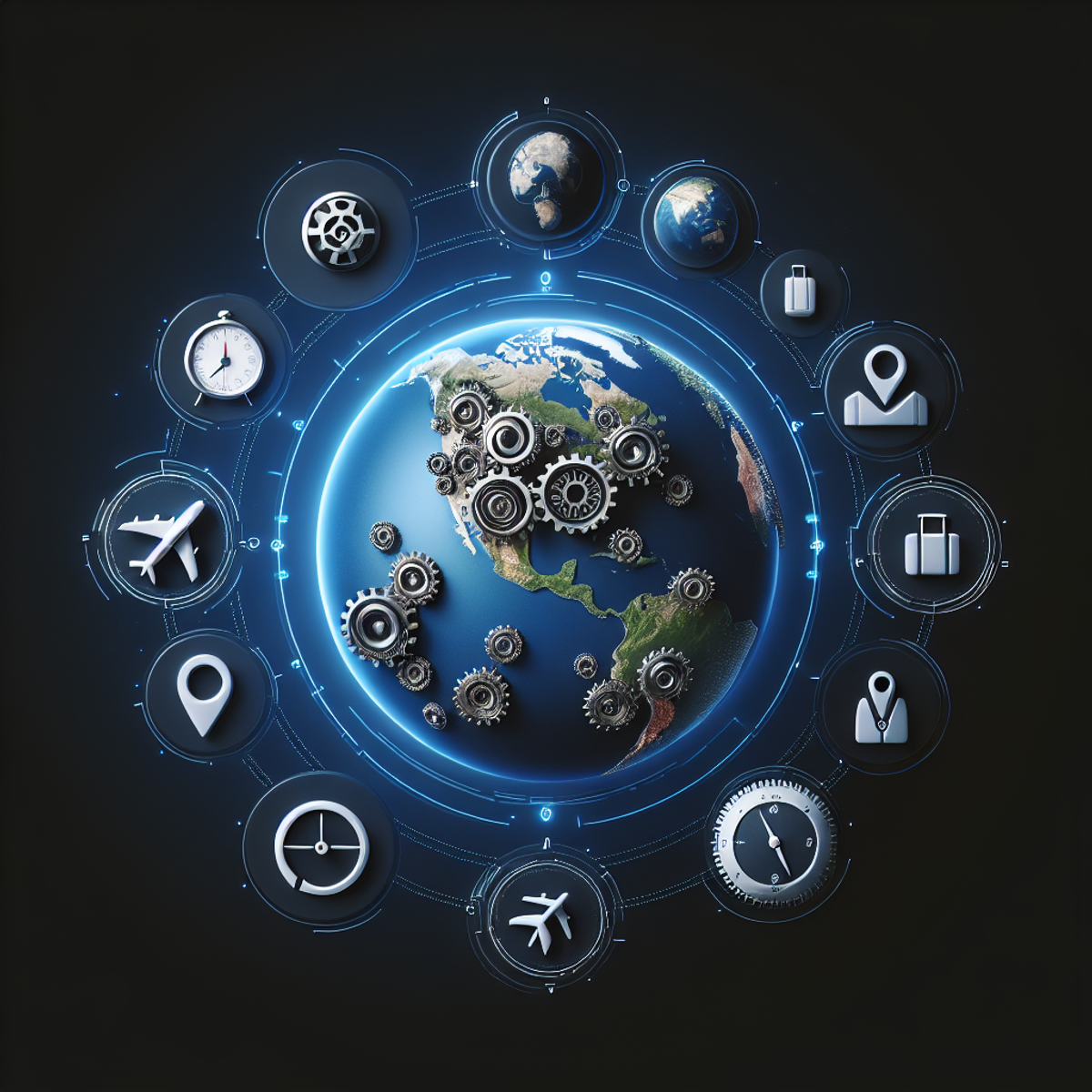 A globe surrounded by gears, a plane, luggage, a compass, and location pinpoints, representing the relationship between artificial intelligence and the travel industry.