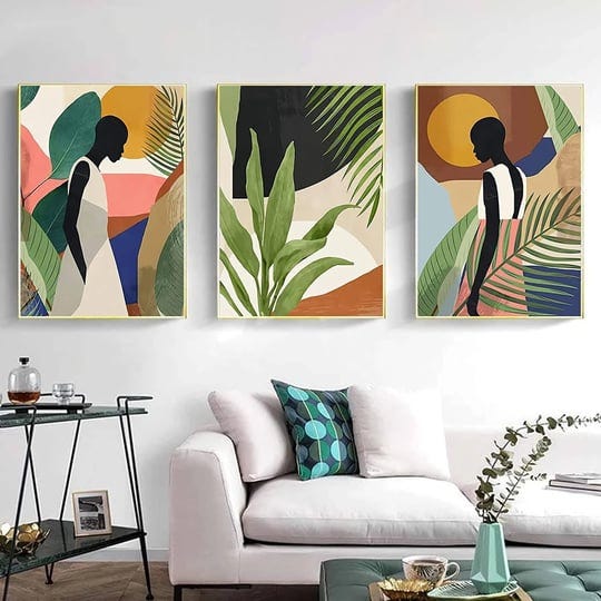 abstract-african-american-wall-art-canvas-painting-black-woman-and-green-plant-wall-art-pictures-set-1