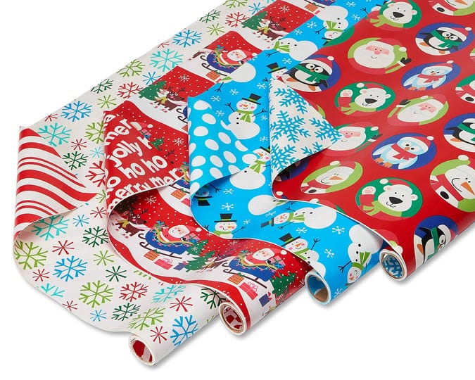 american-greetings-christmas-reversible-wrapping-paper-bundle-santa-snowflakes-and-snowmen-4-rolls-1-1