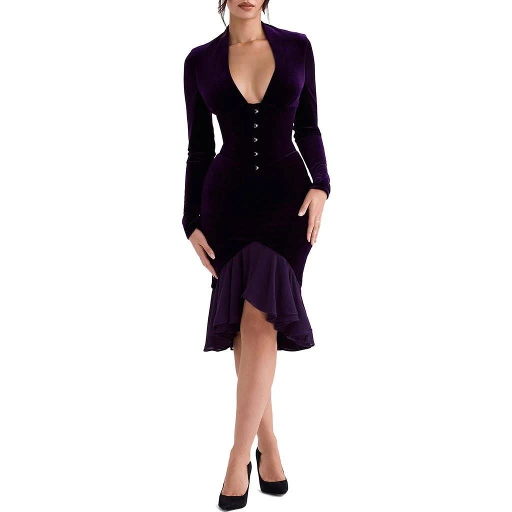 Stylish Velvet Purple Long Sleeve Dress with Ruffled Georgette Flounce | Image