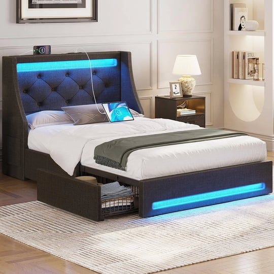 rolanstar-twin-bed-frame-with-led-lights-and-charging-station-upholstered-bed-with-drawers-wooden-sl-1