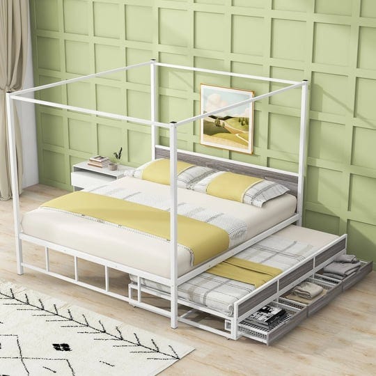 queen-canopy-bed-with-twin-trundle-3-drawers-metal-platform-bed-frame-w-headboard-slat-supportno-box-1