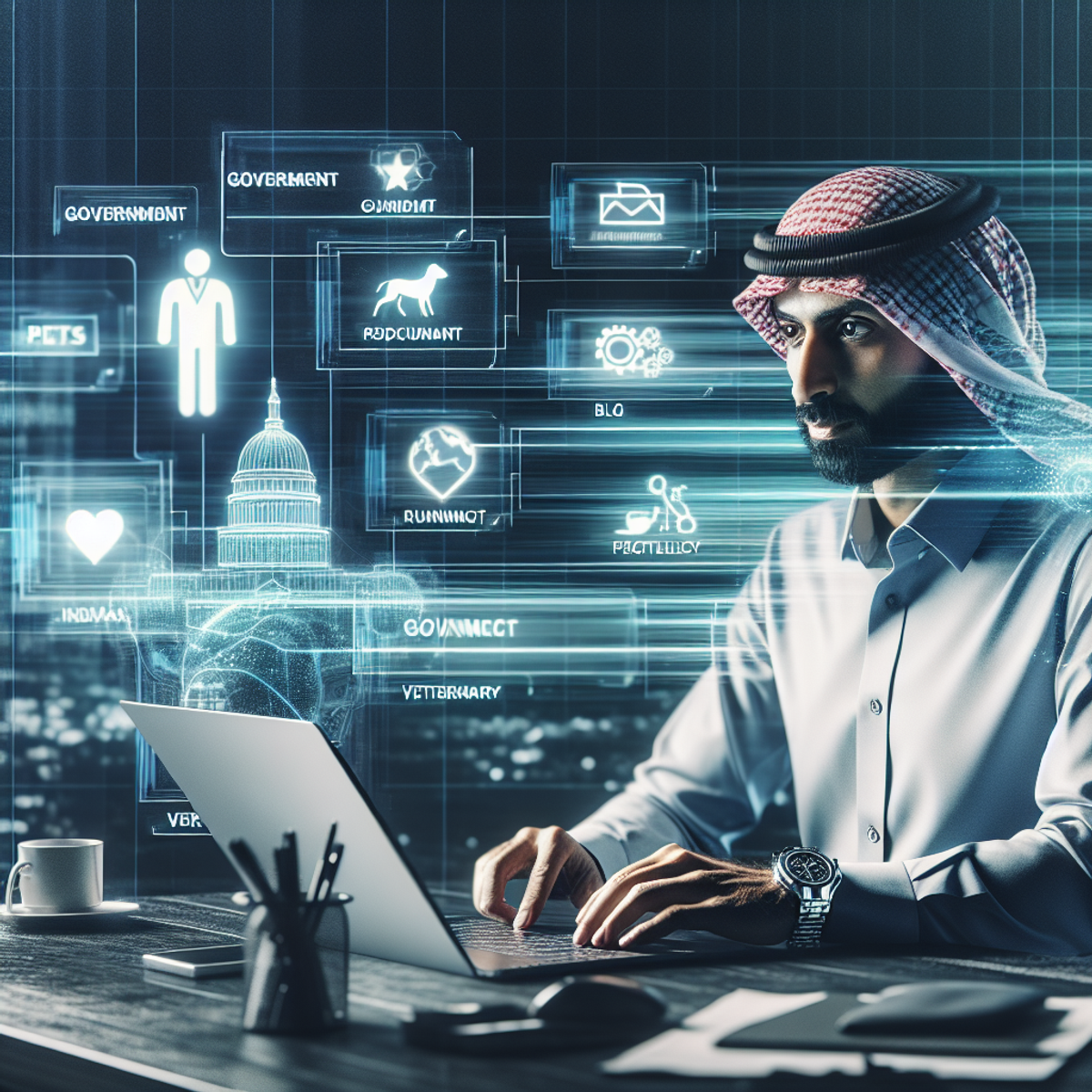 A Middle-Eastern man working at a modern desk with futuristic technology.