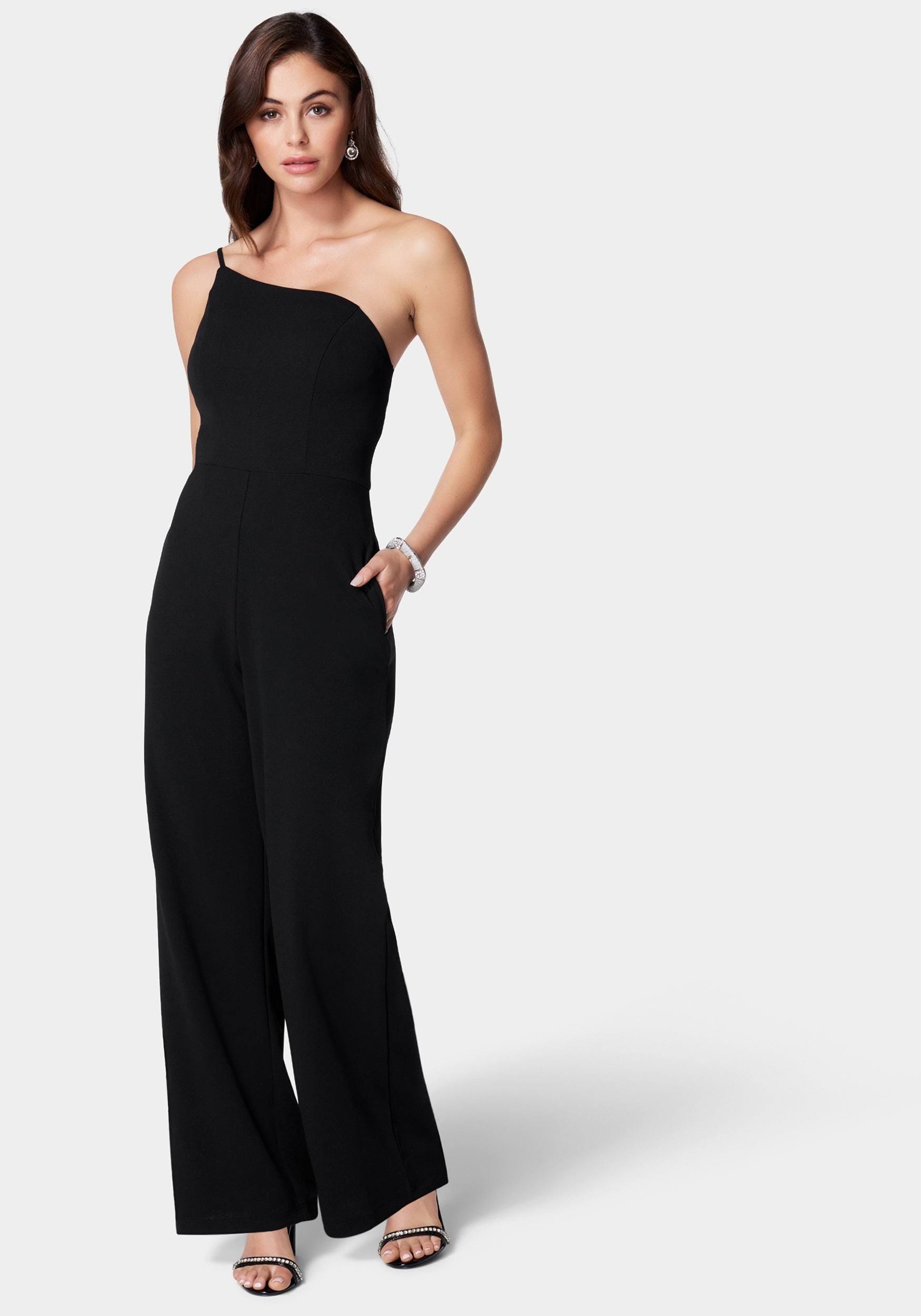 One Shoulder Black Jumpsuit by Bebe: Size Large | Image