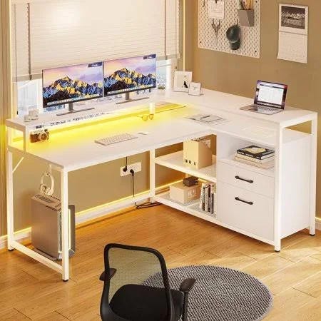 L Shaped Computer Desk with LED Lights and File Drawers | Image