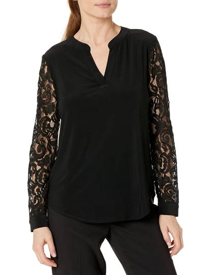 kasper-petite-lace-sleeve-top-black-size-pm-1