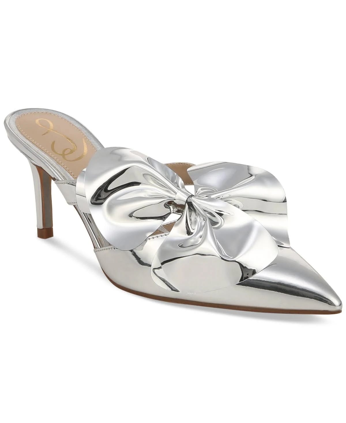 Elegant Silver Pointed-Toe Heels with Bow Detail | Image
