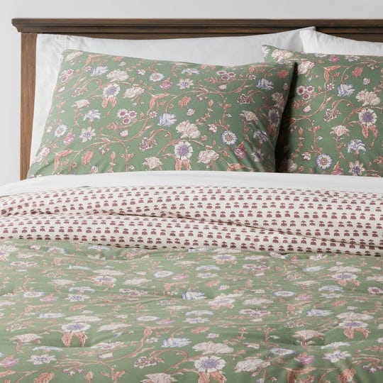 3pc-full-queen-boho-reversible-printed-comforter-sham-set-green-floral-threshold-1