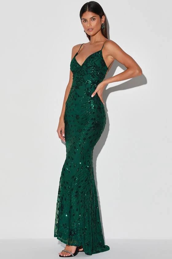 Lulus Forest Green Sequin Lace-Up Maxi Dress - Fitted, Formal, Padded Cups | Image