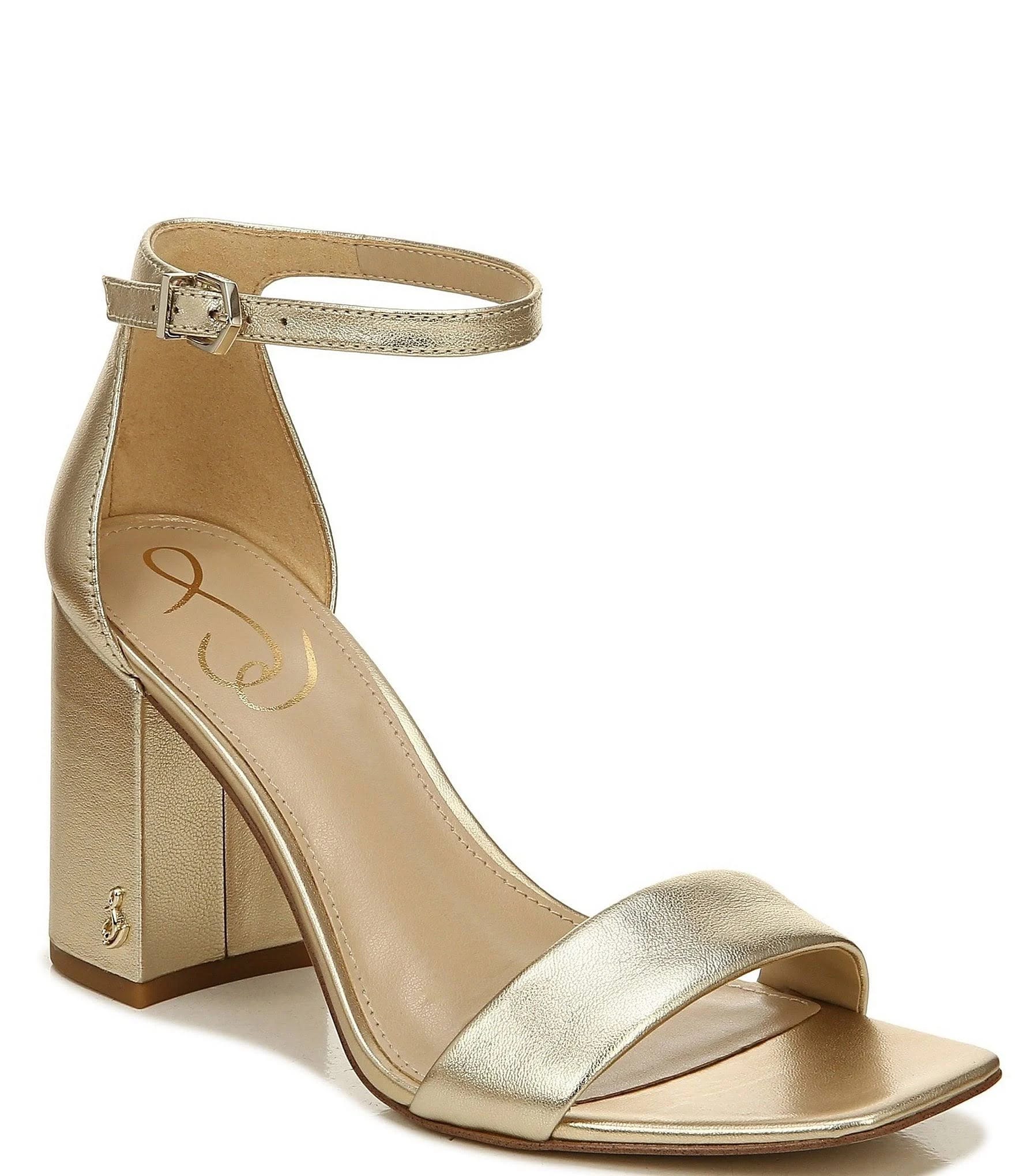 Golden Strappy Dress Shoes: Synthetic Sole, Adjustable Ankle Strap, Square Toe Update | Image
