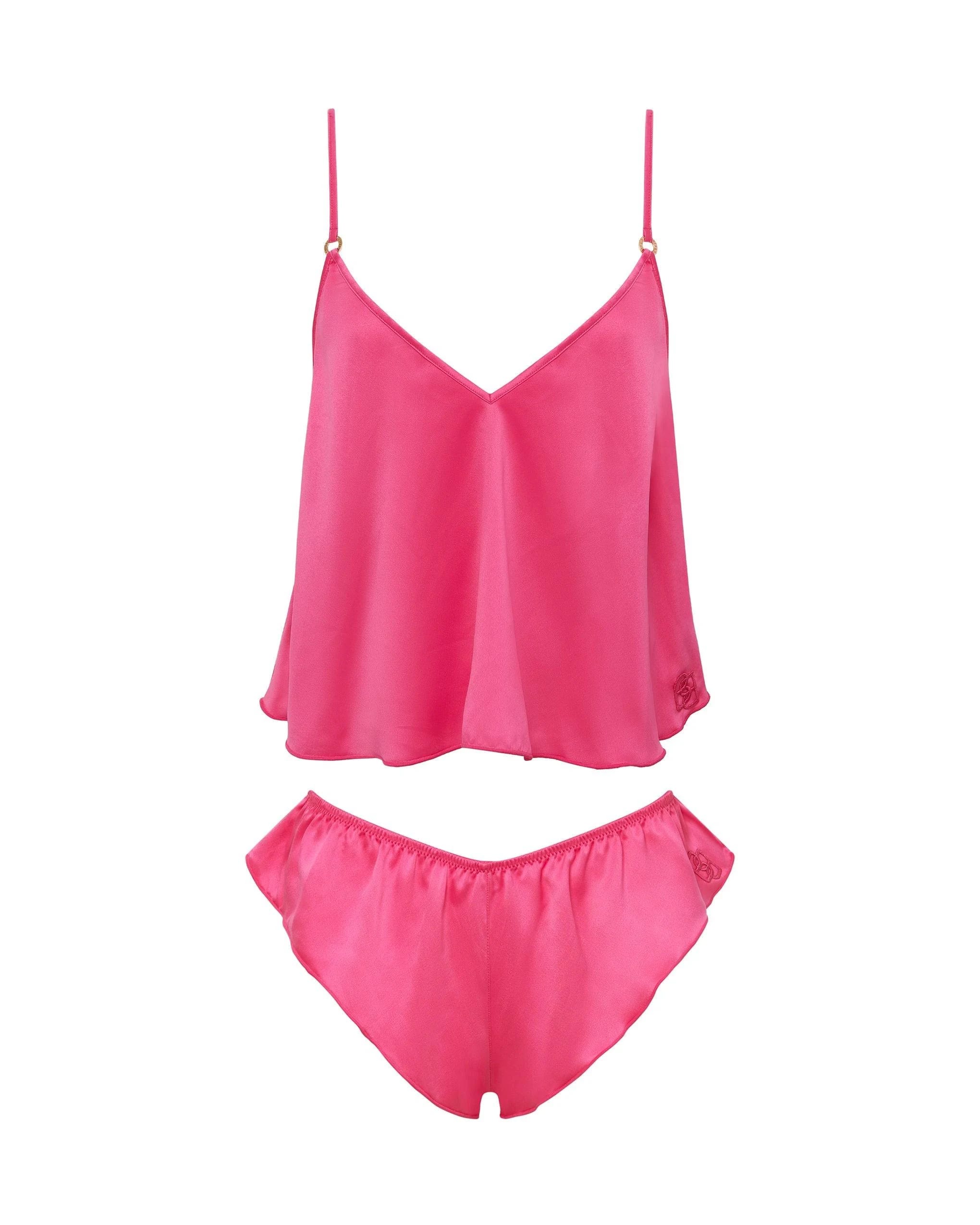 Pink Satin Pajama Set for Women: Luxurious V-neck and Adjustable Straps | Image