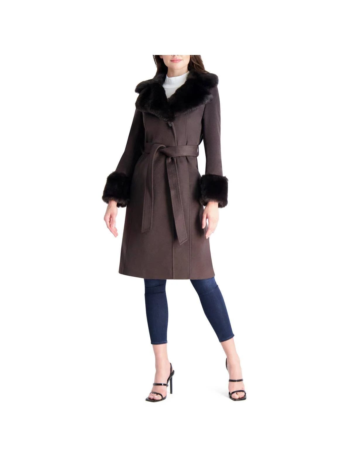 Via Spiga Wool Coat with Faux Fur Trim - Brown Long Size | Image