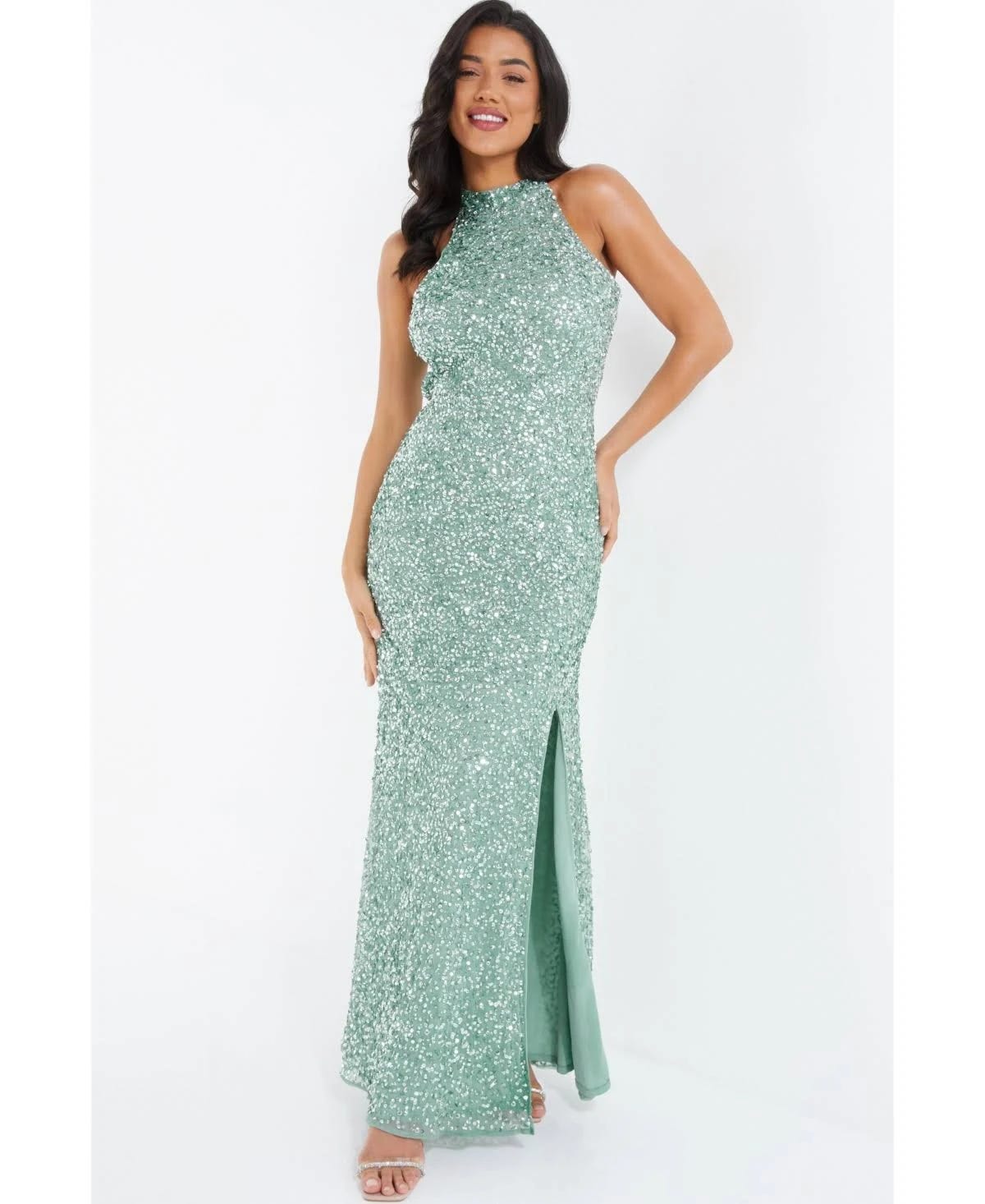 Glitter Maxi Dress: High Neck Split Design in Green | Image
