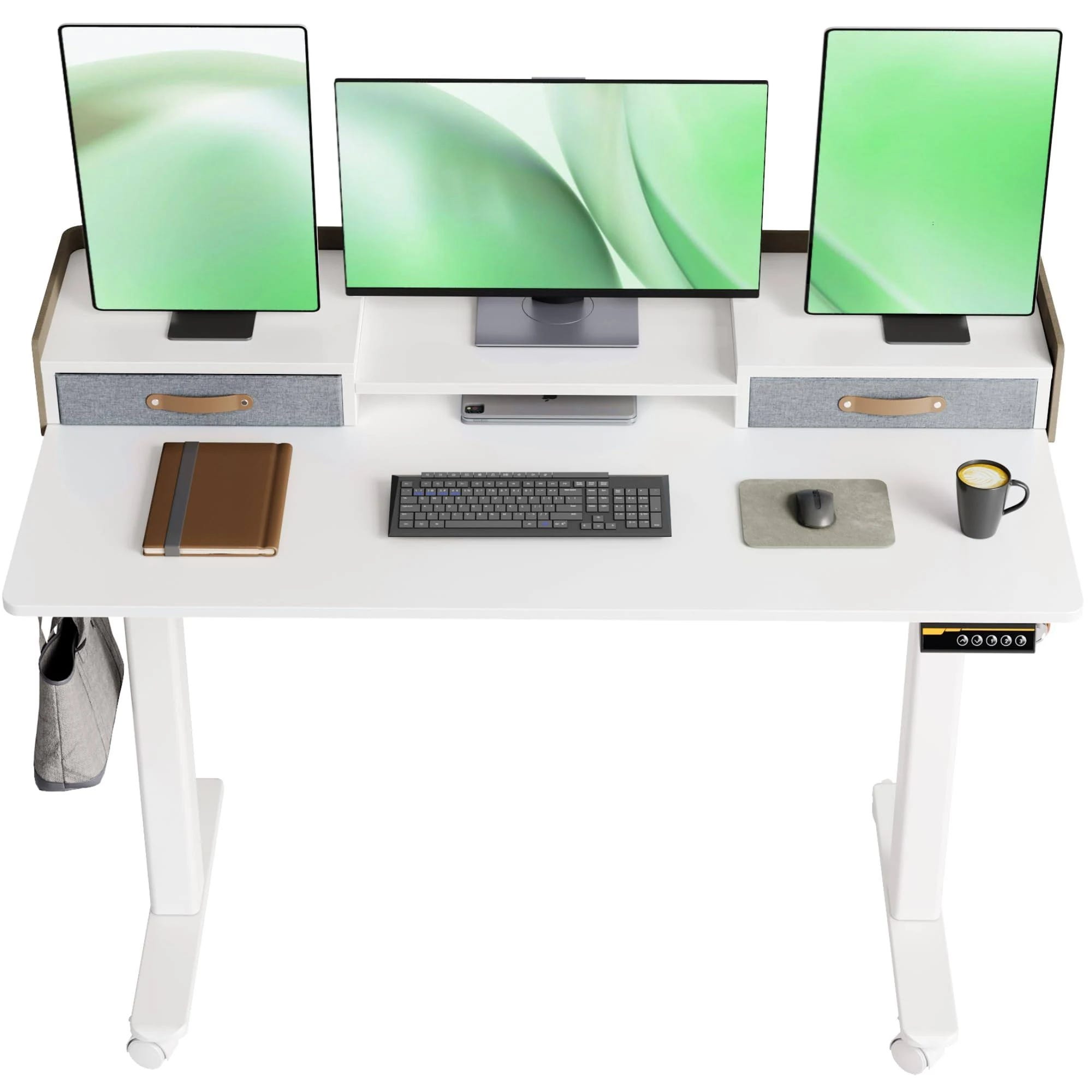 Ydn Modern 48-inch Sit-Stand Office Desk with Drawers and Shelves (White) | Image