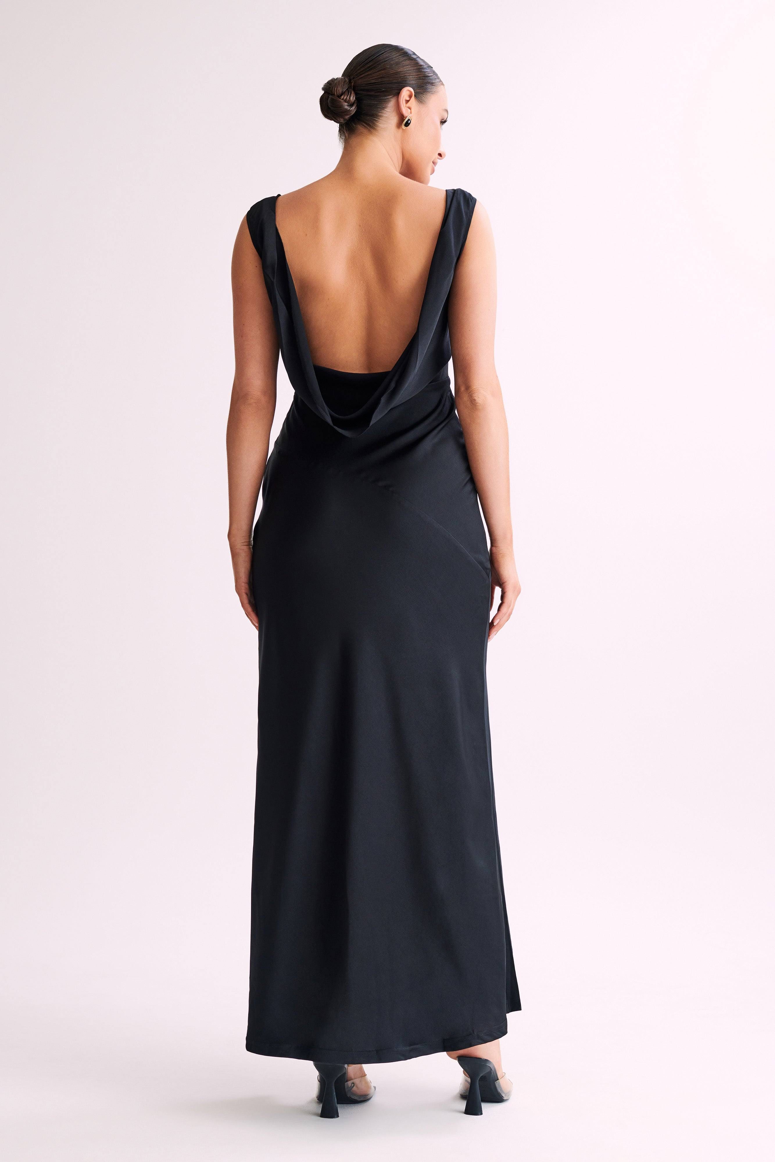 Stylish Black Maxi Satin Dress with Cowl Back | Image