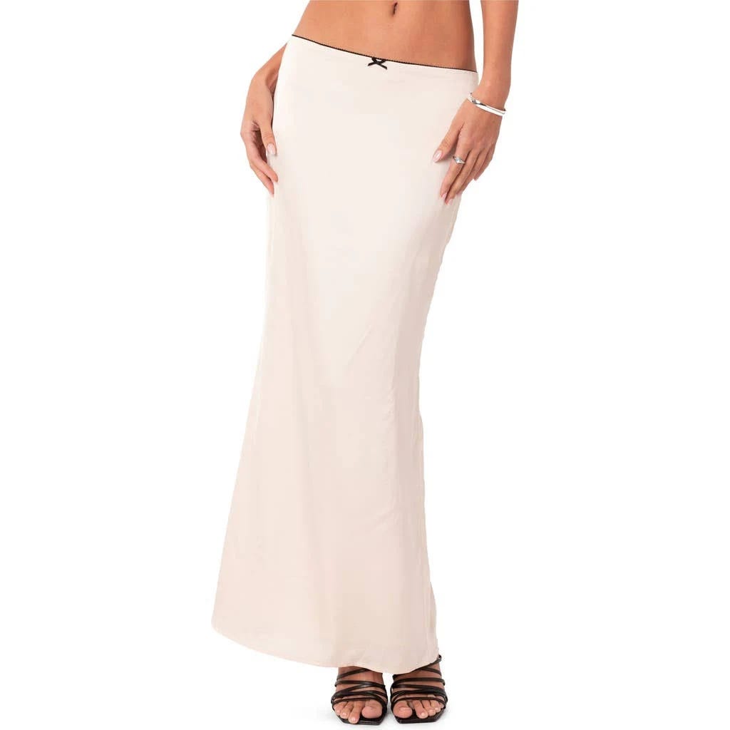 Satin Low-Rise Maxi Skirt with Bow Detail and Back Slit | Image