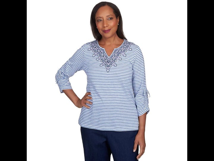 alfred-dunner-womens-stripe-geo-embroidered-split-neck-top-womens-size-medium-blue-1