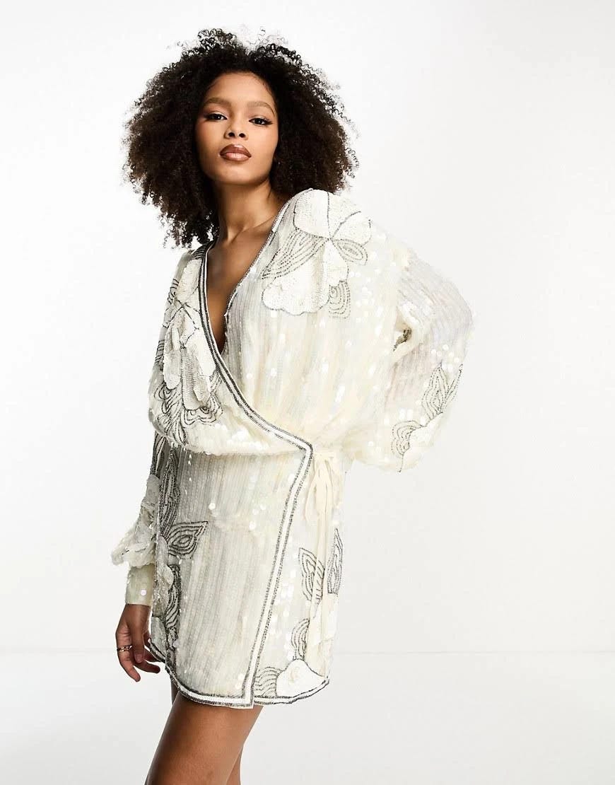 Sparkling White Long Sleeve Sequin Wrap Dress | Image