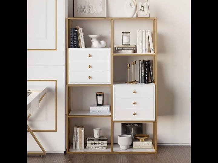 white-and-gold-geometric-bookcase-6-shelves-6-drawers-bookshelf-1