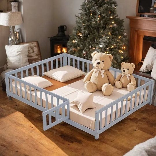 full-size-floor-platform-bed-with-fence-and-door-for-kids-grey-1