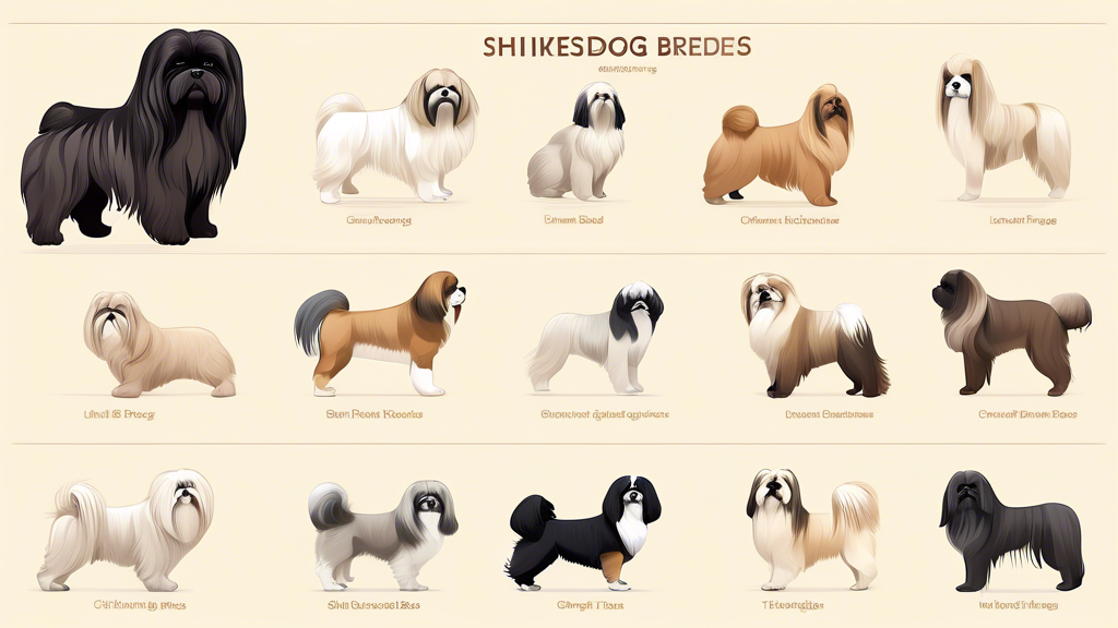 Create an image of a beautiful, detailed infographic showcasing the different long-haired Chinese dog breeds, including Shih Tzu, Pekingese, Tibetan Terrier, and Chow Chow. Each breed should be depicted in a unique pose, highlighting their distinct features and coat textures. Include relevant text describing the origin, characteristics, and grooming needs of each breed. The overall design should be visually engaging and informative, perfect for a comprehensive guide.