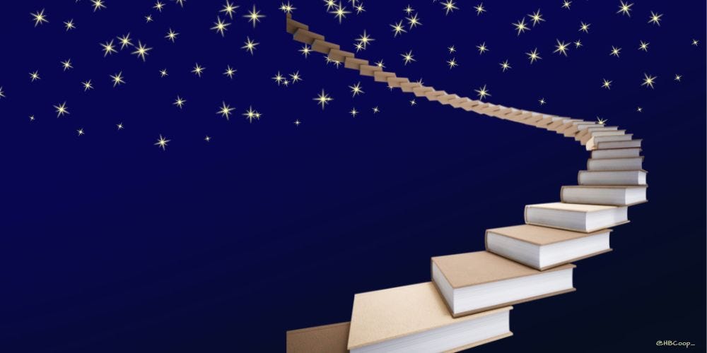 Staircase of books leading up into the starry, night sky.