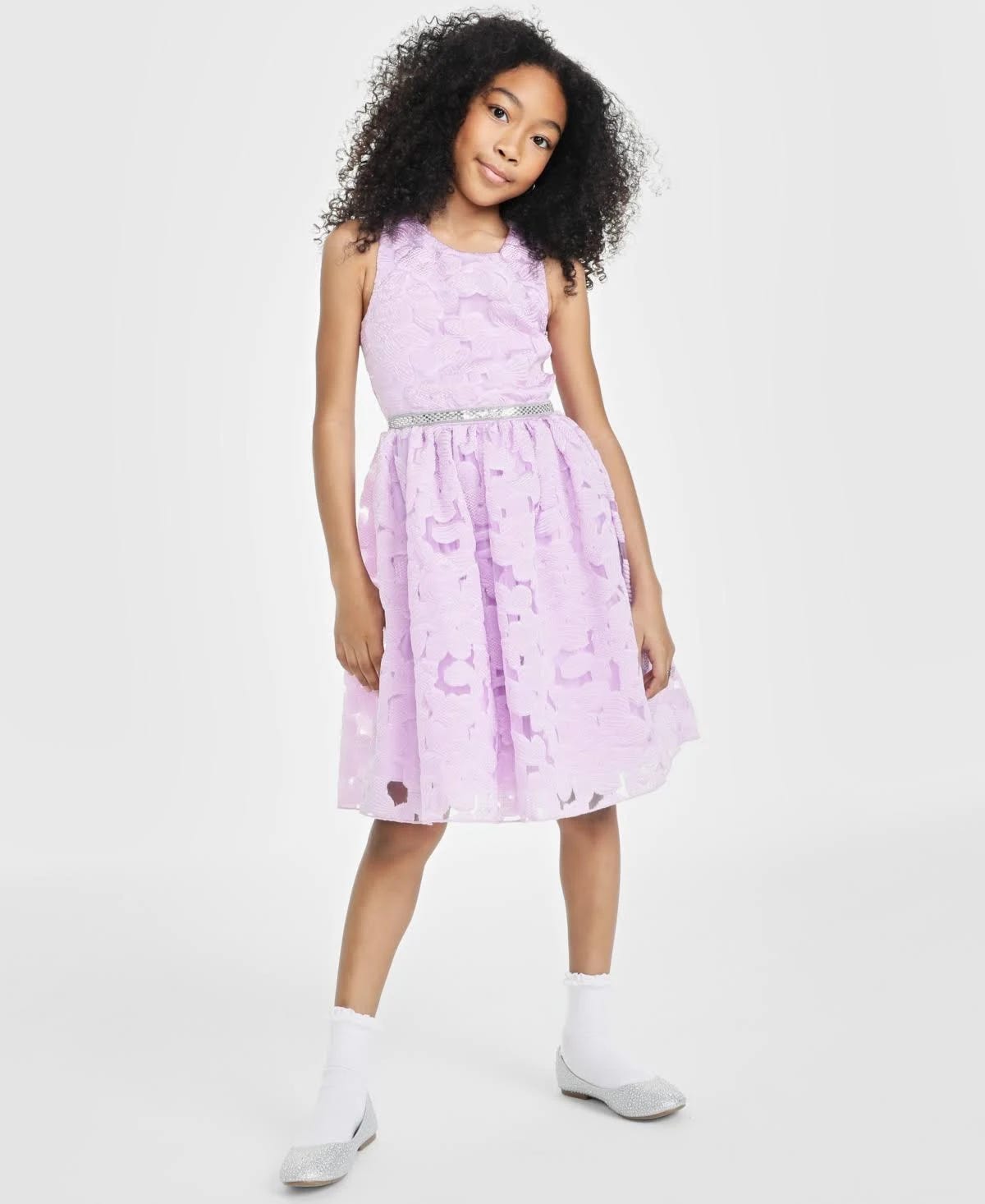 Speechless Linen Jacquard Girls' Party Dress with Waist Tie | Image