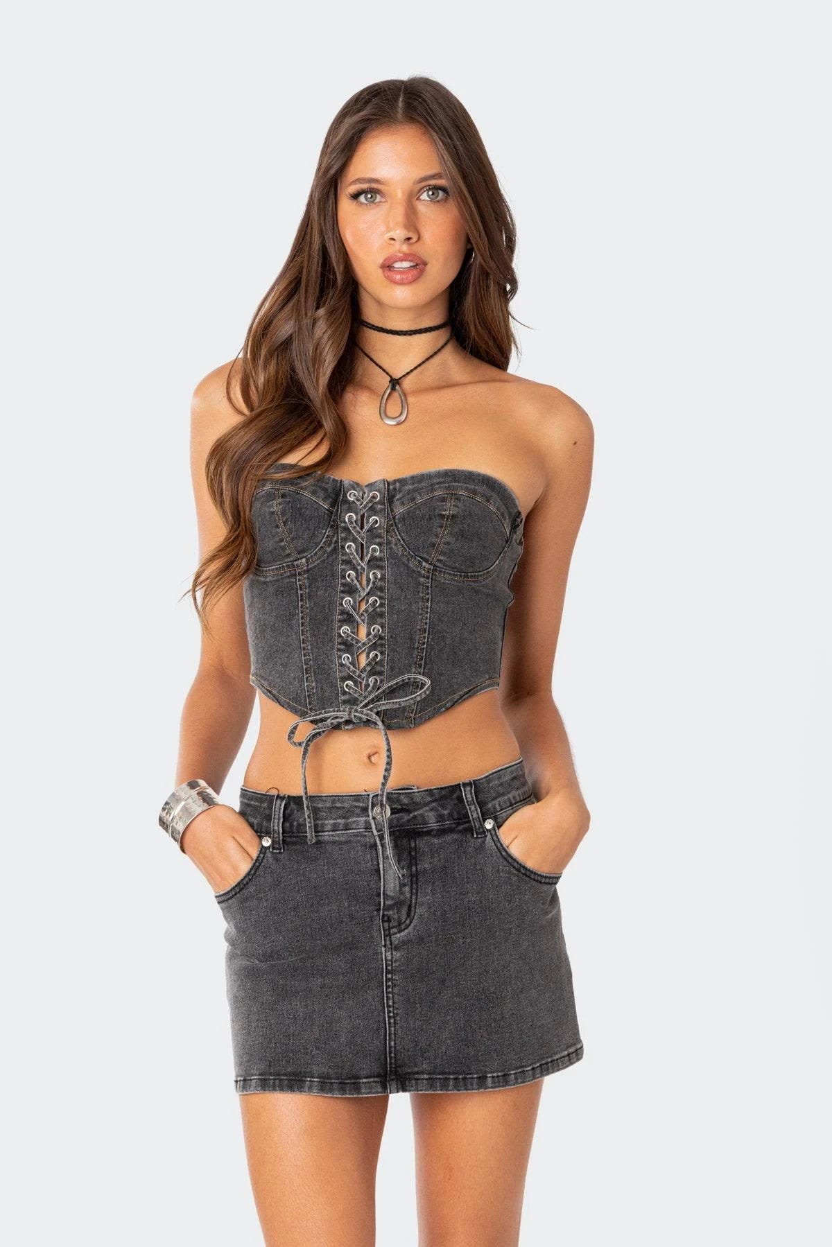 Denim Corset Crop Top by Edikted Waverly | Image