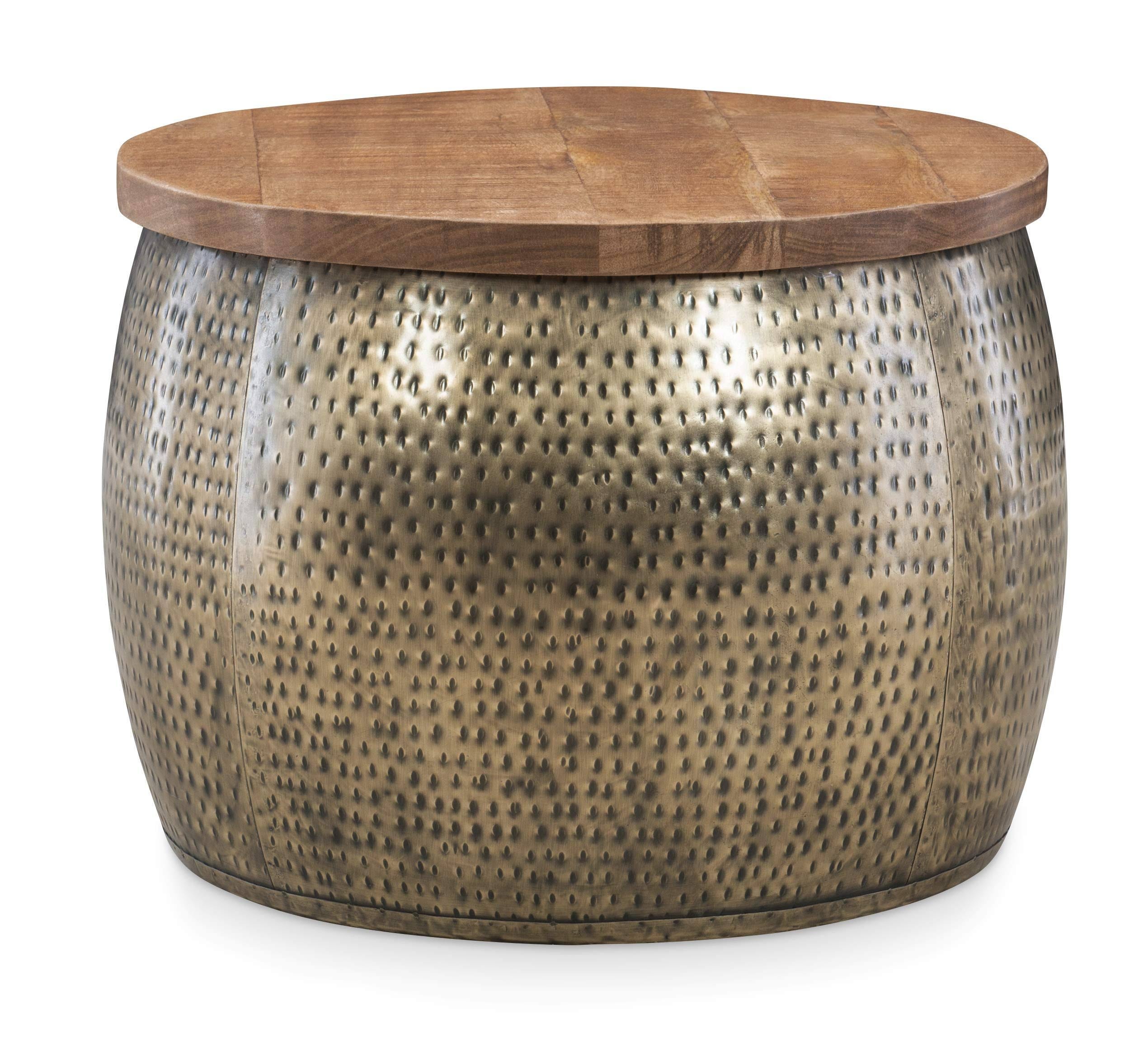Hammered Gold Iron Drum Coffee Table with Mango Wood Top | Image