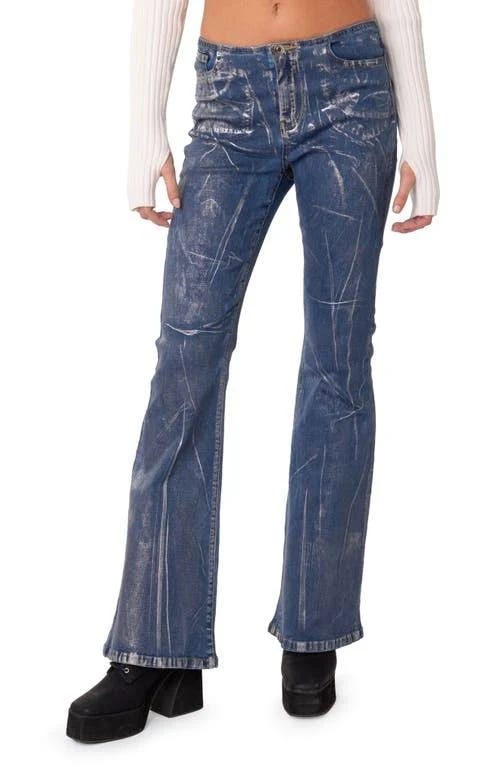 Stylish Metallic Coated Low Rise Flare Jeans - High-Glamour, Stretchy Fashion | Image