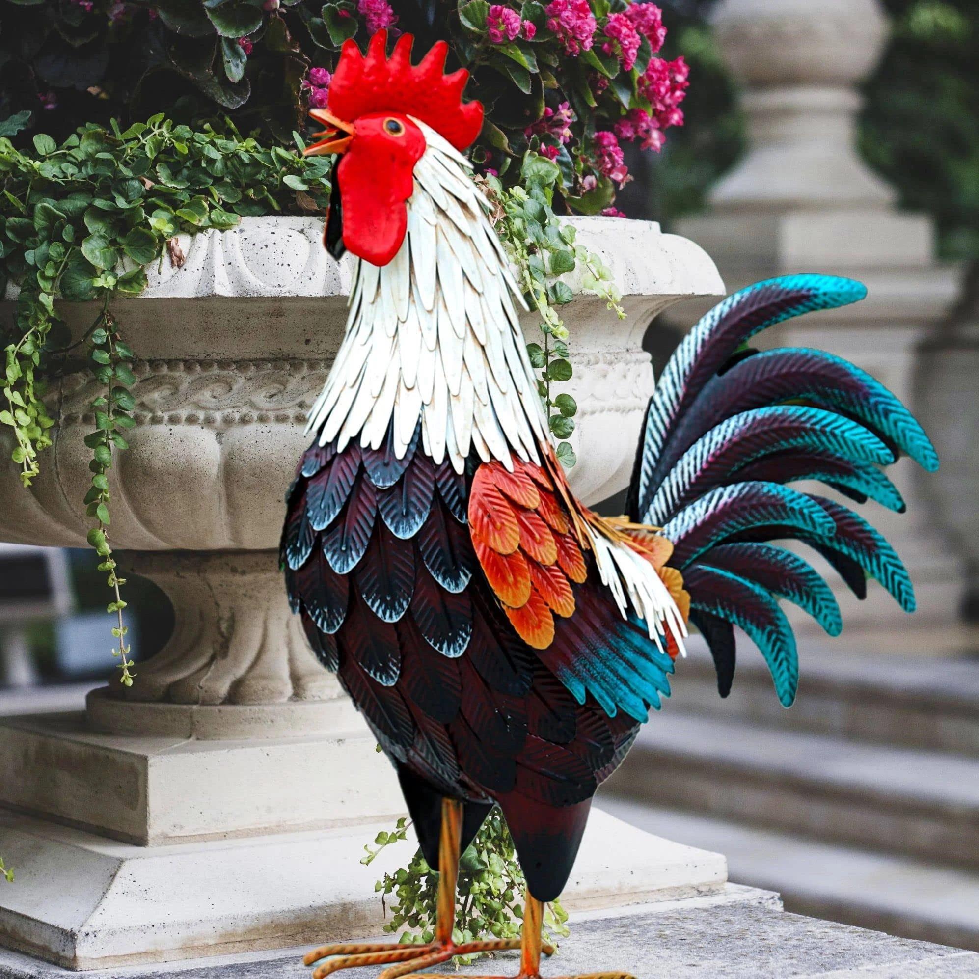 Metal Rooster Decor: Outdoor Chicken Sculpture for Garden and Patio | Image